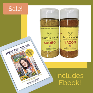 Two spice jars of adobo and sazon with yellow Healthy Rican labels are pictured side by side on a white, yellow, and green background. Mayra Luz Colon's ebook, Healthy Rican, is pictured in the lower left hand corner next to text reading 