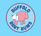 Round logo with a blue background has a pink buffalo wearing a white diaper in the middle and 